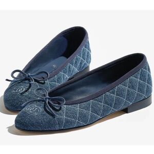 Chanel 26P Washed Denim Blue Quilted CC Logo Bow Tie Ballet Ballerina Flat 39